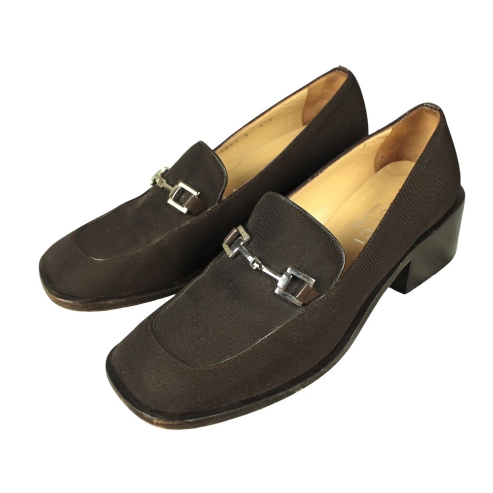 Gucci Horsebit Heeled Loafer Women Size 5 1/2 B Brown Square Toe Leather